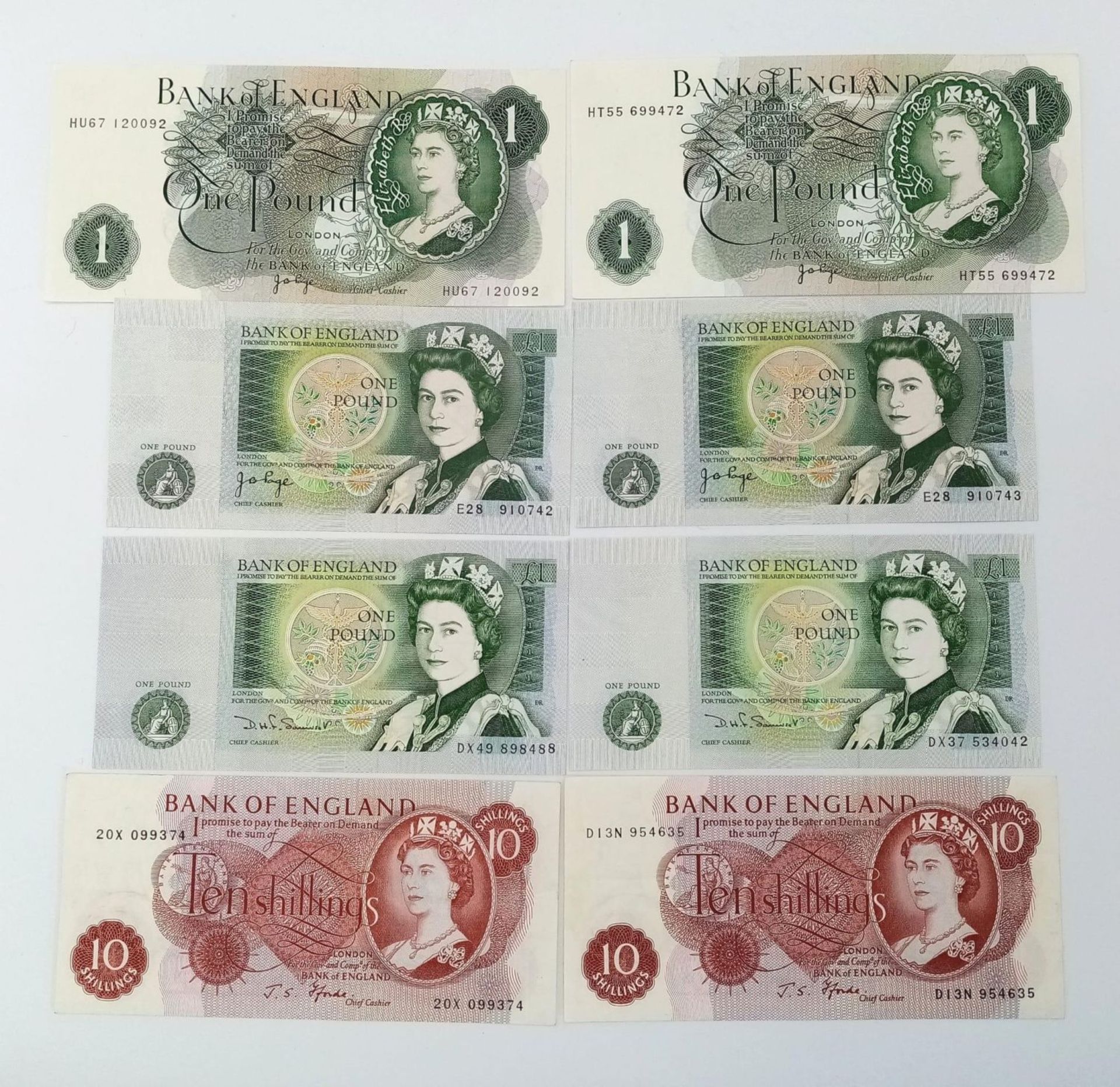 Eight Vintage EF/UNC grade British Currency Notes. 6 x £1 and 2 x Ten Shilling notes. Please see - Bild 3 aus 4