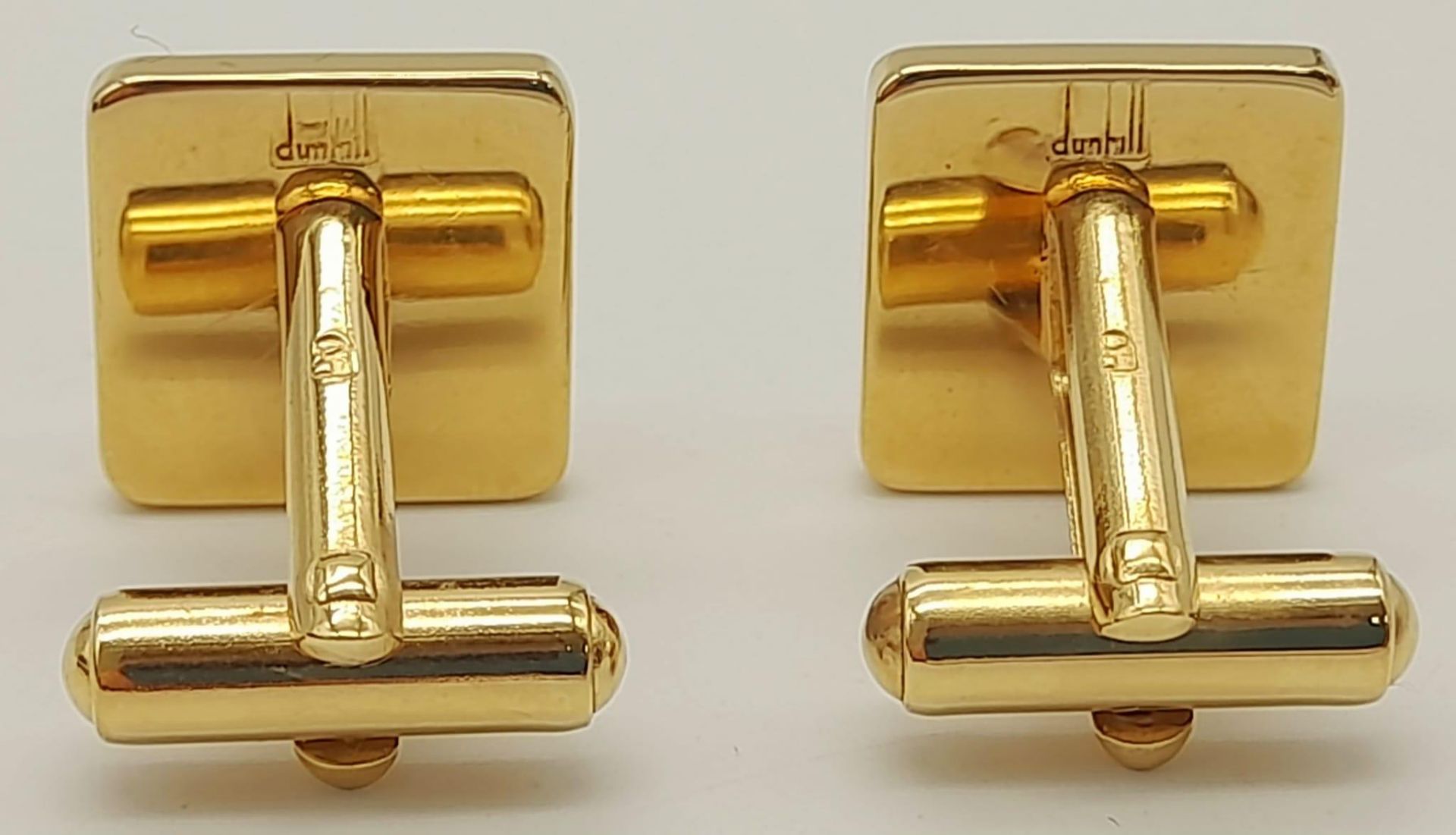 Pair of Square Yellow Gold Gilt Blue Panel Inset Cufflinks by Dunhill in their original presentation - Image 7 of 11