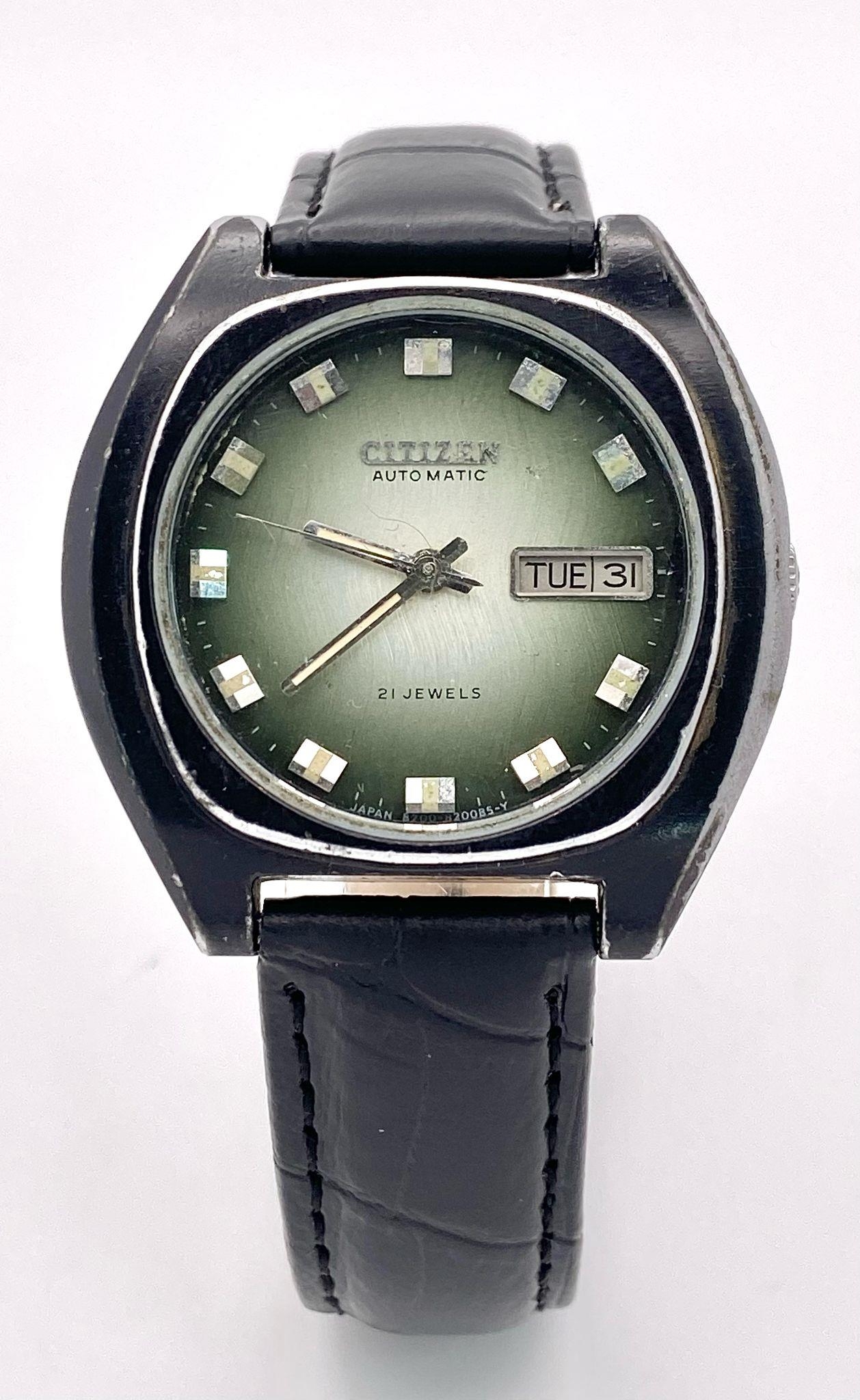 A Vintage Citizen 21 Jewels Automatic Gents Watch. Black leather strap. Black stainless steel case - - Image 2 of 7