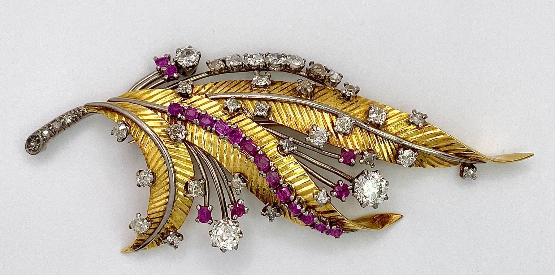 A Spectacular 18K Gold (tested) Diamond and Ruby Leaf Brooch. 3ctw of brilliant round cut diamonds - Image 2 of 6
