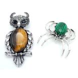 A Marcasite Spider and a Tigers Eye Owl Brooch. Owl - 6cm.