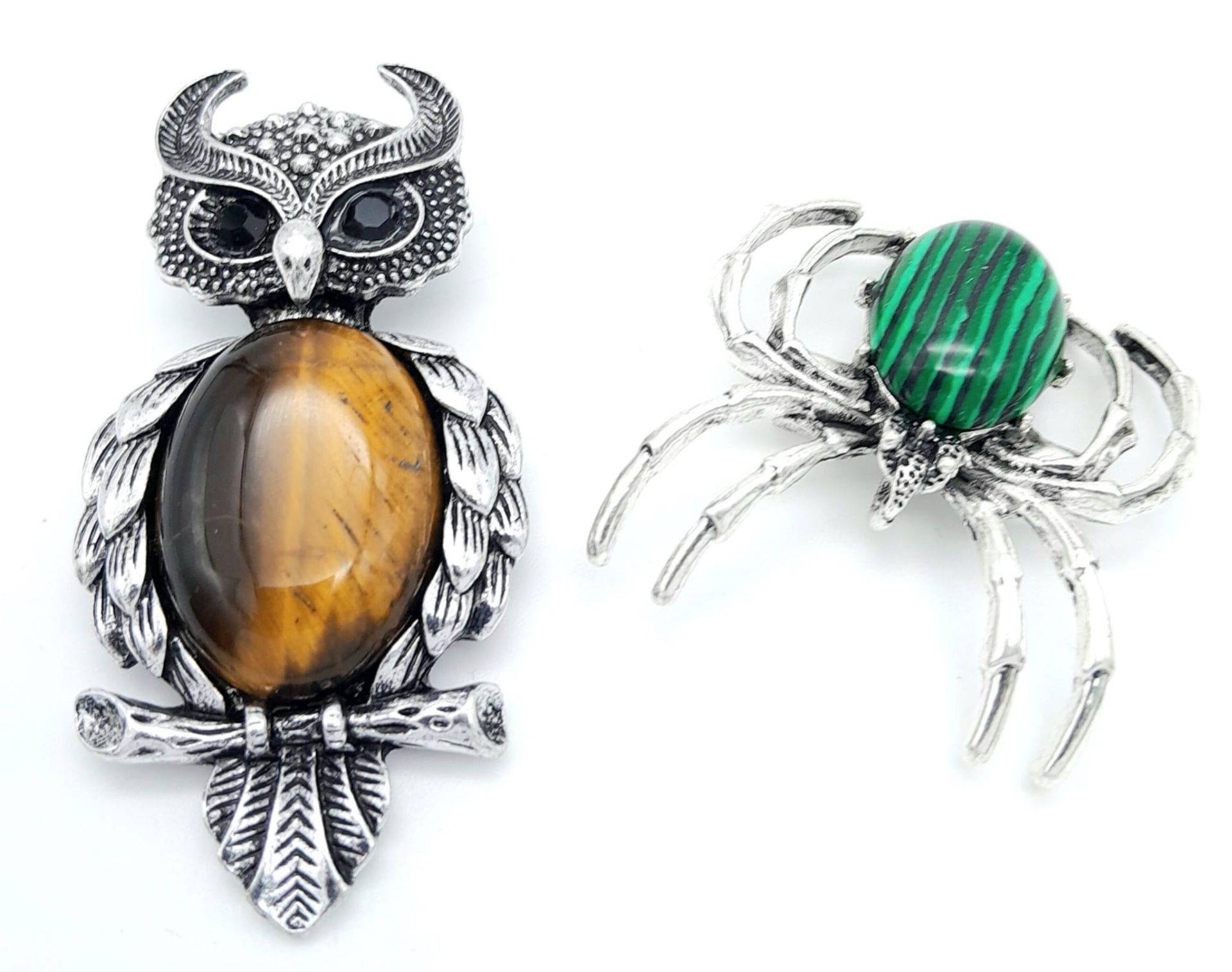 A Marcasite Spider and a Tigers Eye Owl Brooch. Owl - 6cm.