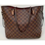 A Louis Vuitton "Neverfull" Damier Ebene Bag. Size MM. Leather Exterior Coated Canvas with gold-