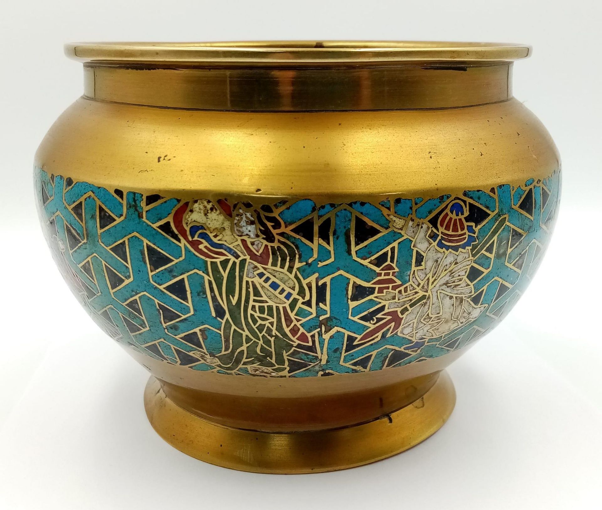 A Wonderful, Very Attractive Antique Japanese Champleve Enamelled Brass Pot - It depicts the seven - Image 4 of 6