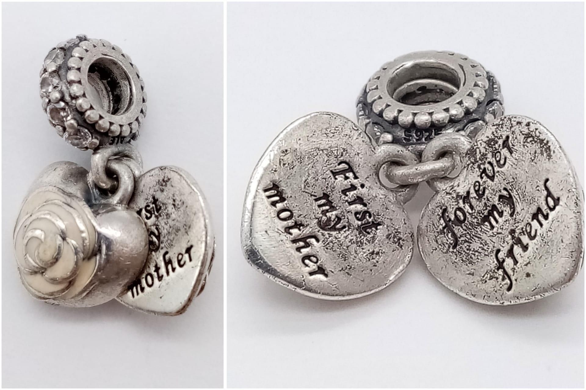 2 x Pandora Sterling Silver Heart Charms - one says 'Family' and the other says 'First My Mother, - Image 7 of 13