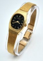 A Vintage Gold Plated Seiko Quartz Ladies Watch. Gold plated bracelet and case - 14mm. Black dial.