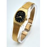 A Vintage Gold Plated Seiko Quartz Ladies Watch. Gold plated bracelet and case - 14mm. Black dial.