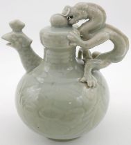 An Antique (Early 20th Century) Chinese Celadon Porcelain Dragon Pot. Beautifully modelled with a