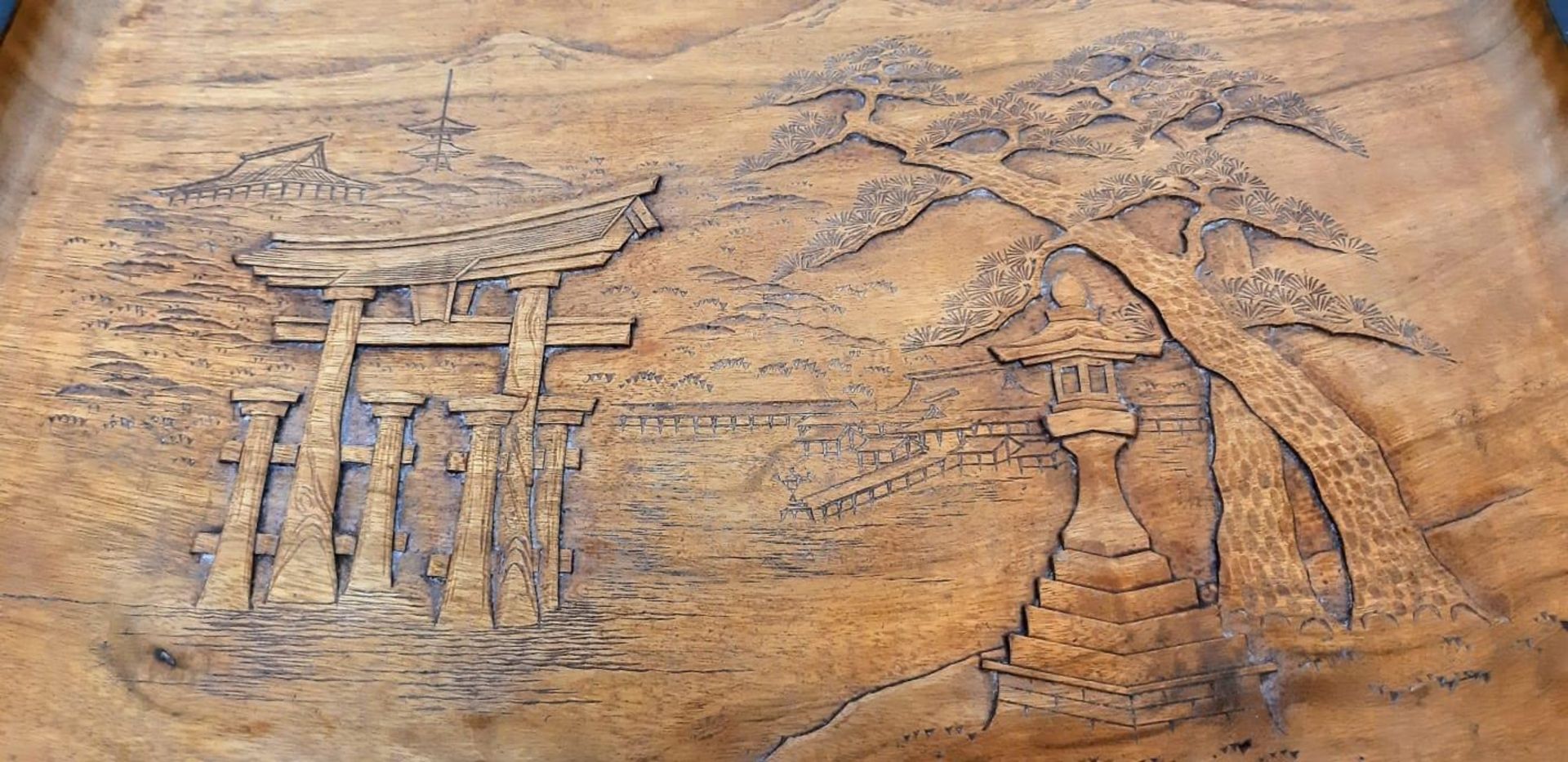 A vintage, Japanese, hand carved tray with the Itsukushima shrine, a UNESCO World Heritage Site. - Image 7 of 10