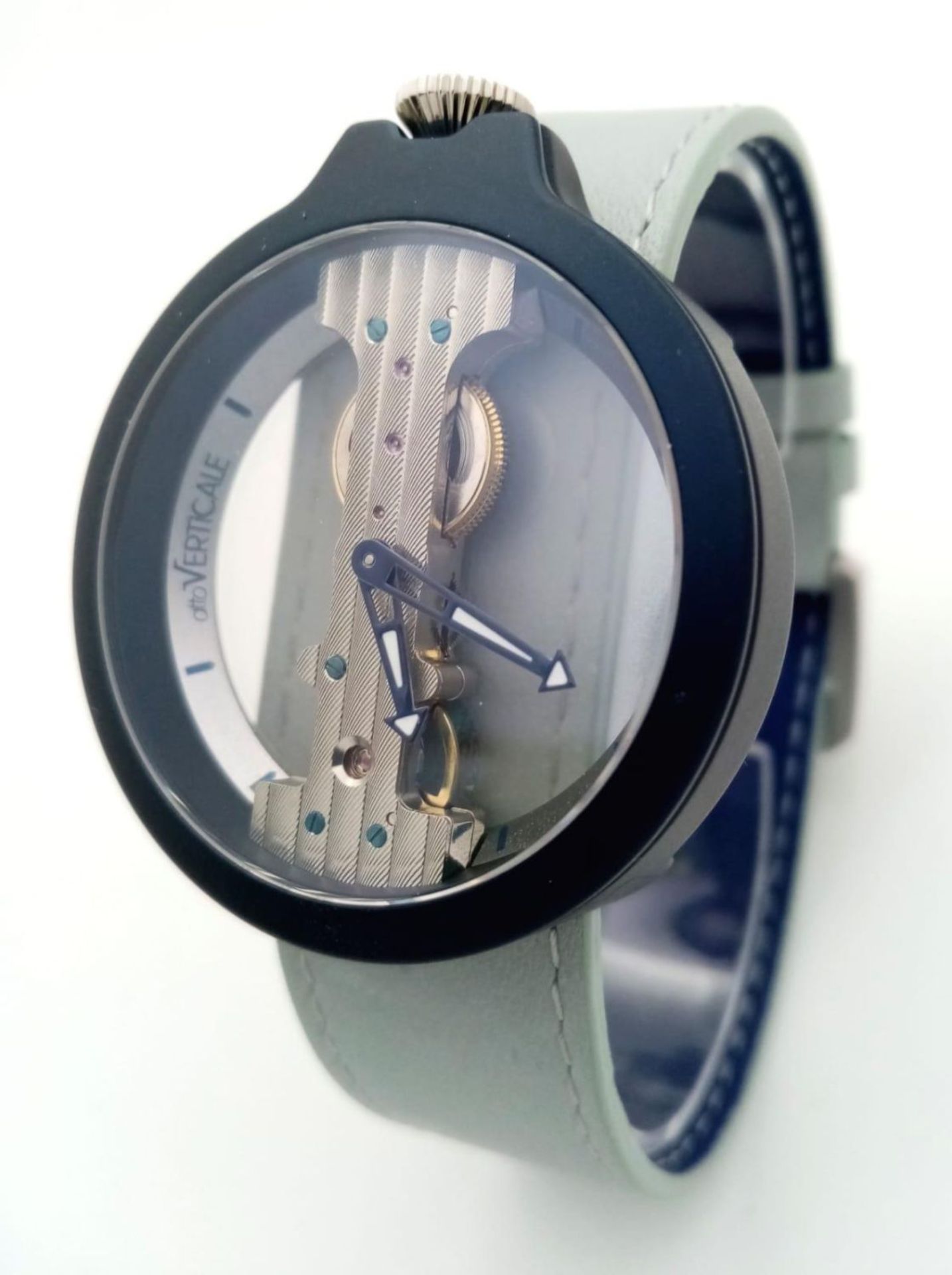 A VERTICALE unisex skeleton watch, black case 42 mm, original grey/blue leather strap (unused), - Image 3 of 12