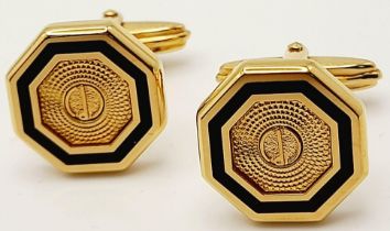 Pair of Yellow Gold Gilt Hexagon Shape Cufflinks by Dunhill. 1.5cm Wide. Complete with their