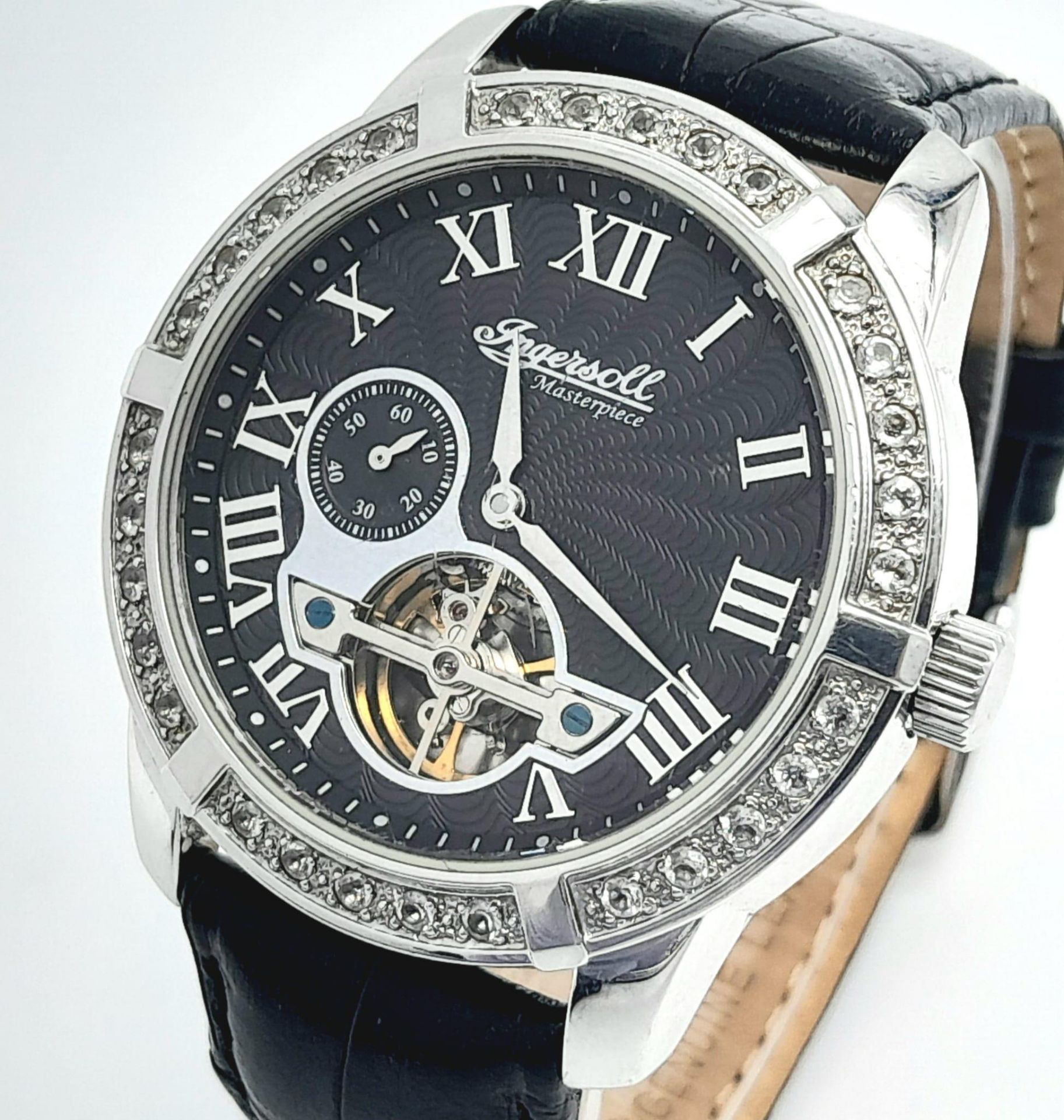 An Ingersoll Automatic Skeleton Gents Watch. Black leather strap. Stainless steel case - 43mm. Black - Image 2 of 6