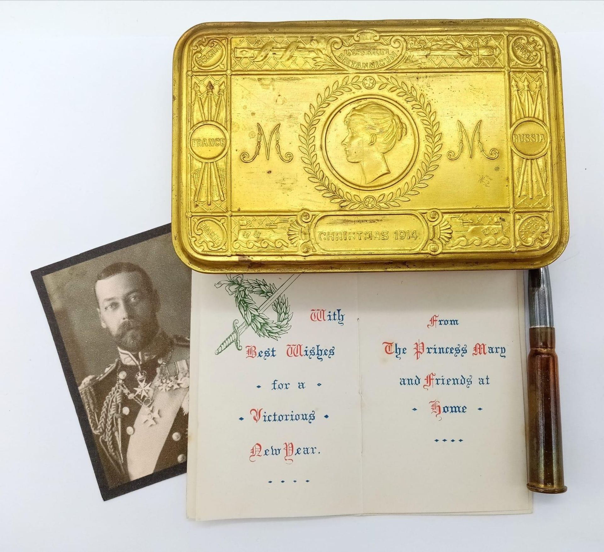 WW1 British 1914 Princess Mary Christmas Tin with original pencil, Christmas Card & Picture of the - Bild 2 aus 3