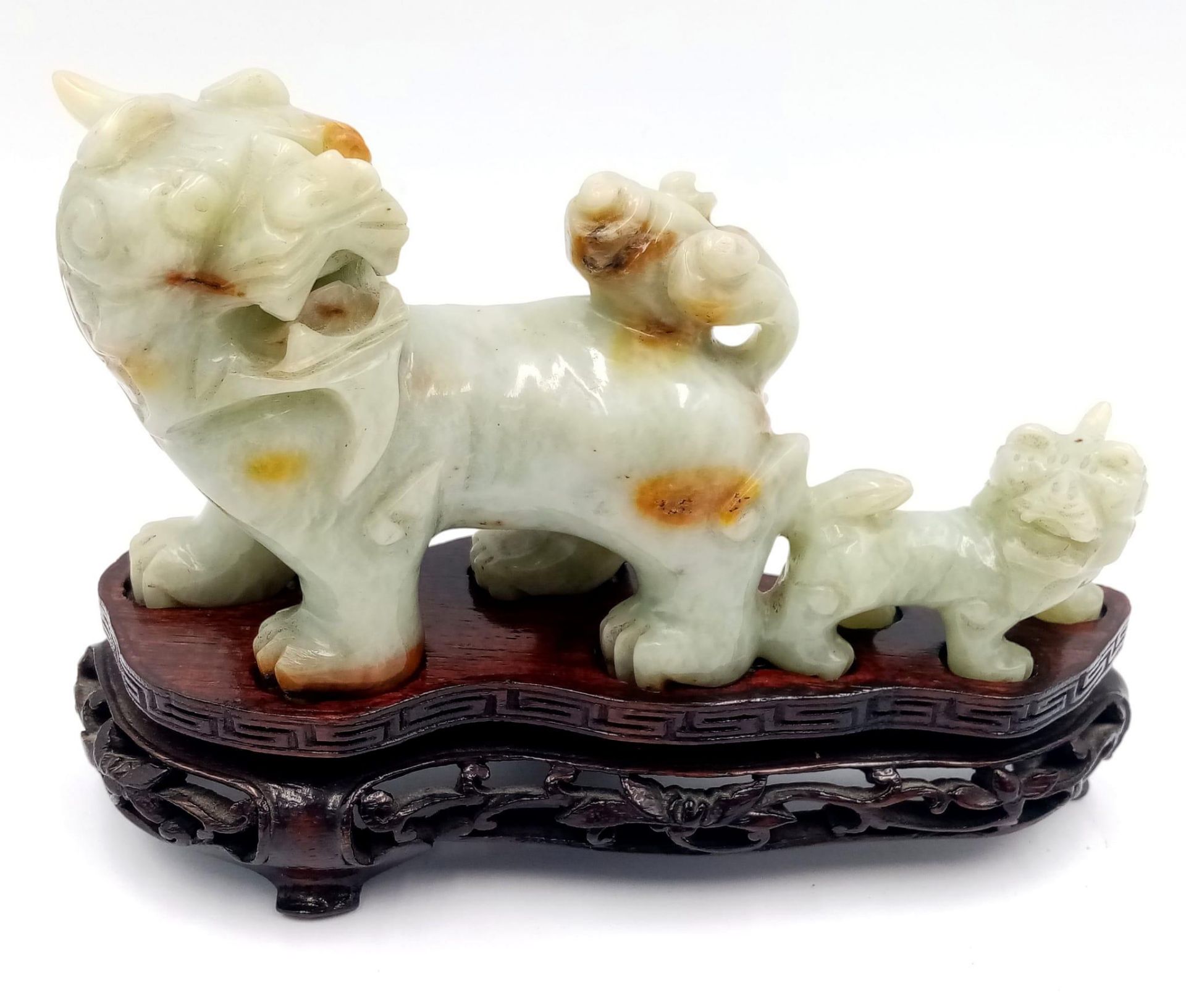 A Glorious Antique Chinese Hand-Carved Jade Fu Lion Figure - Sits on a bespoke lacquered wooden
