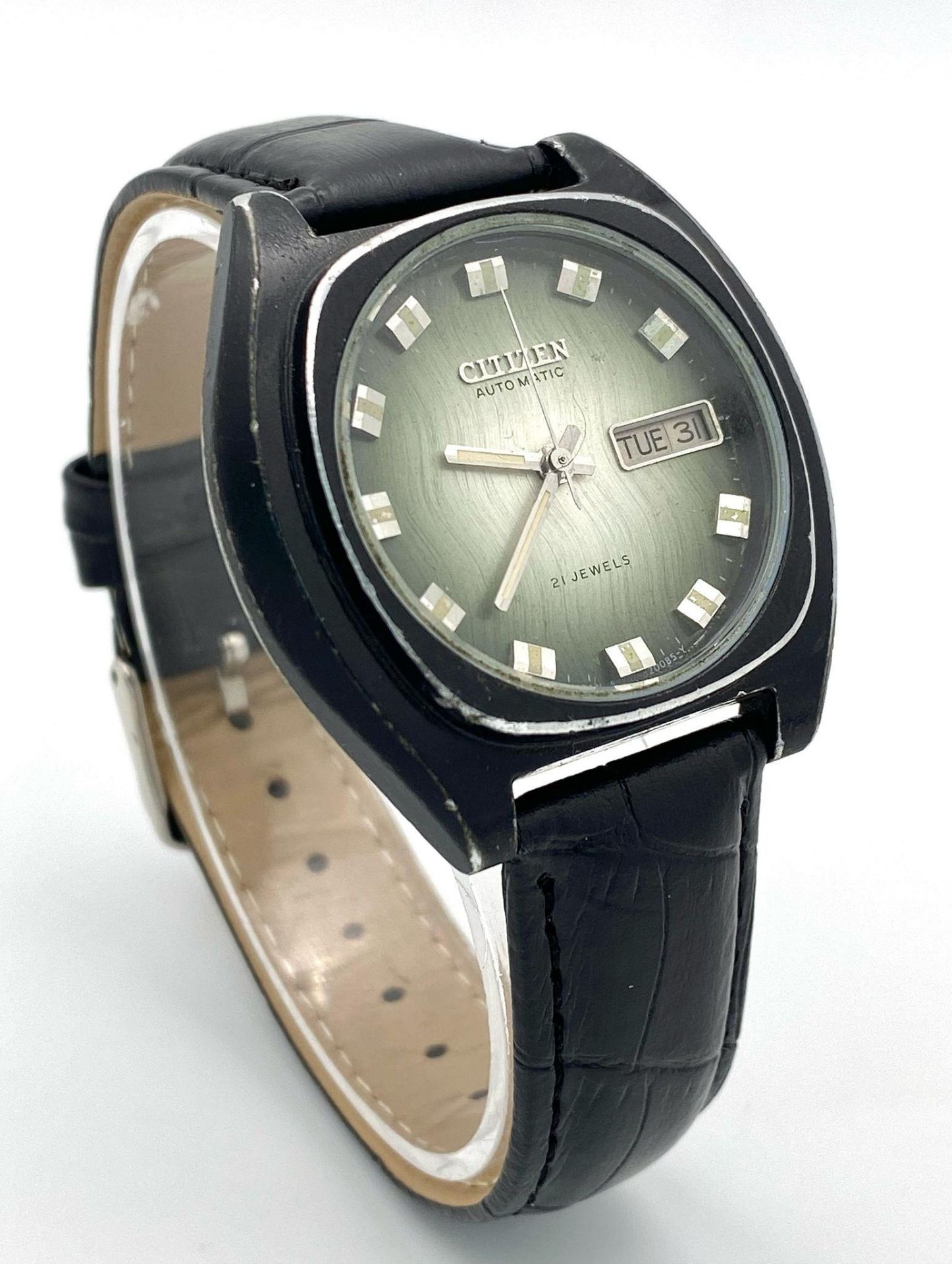 A Vintage Citizen 21 Jewels Automatic Gents Watch. Black leather strap. Black stainless steel case - - Bild 3 aus 7