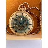 BULOVA CARAVELLE SKELETON POCKET WATCH. Finished in gold tone and complete with gold plated chain.