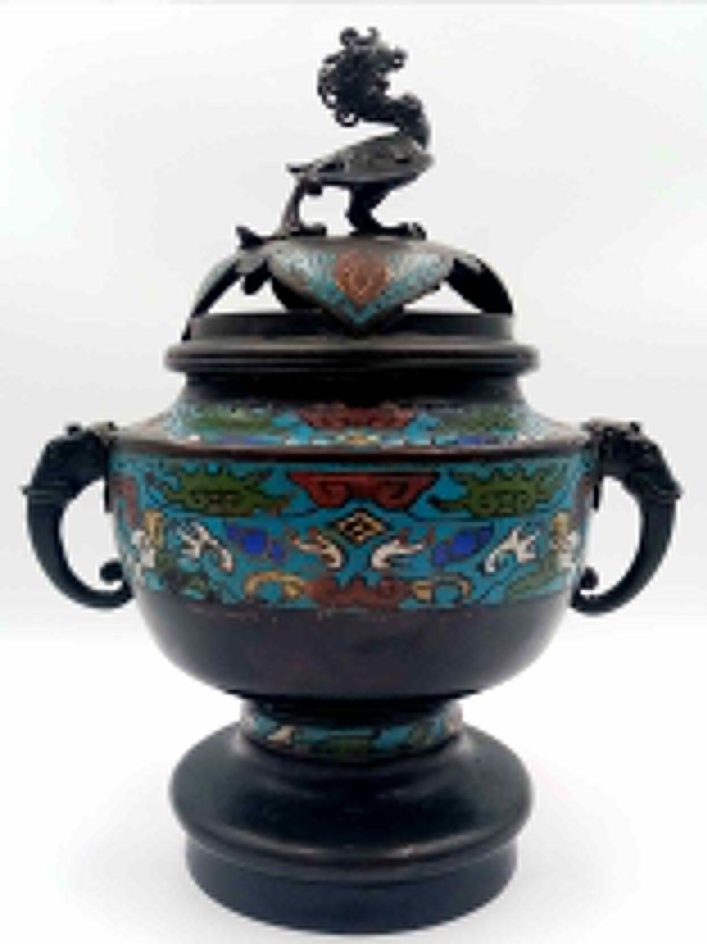 An Exquisite Antique Chinese Bronze and Enamel Twin Handled Lidded Censor. Globular form, with - Image 3 of 7