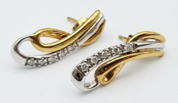 Pair of 9k 2 colour gold diamond stud earrings, weight 2.1g, 0.10ct diamond weight