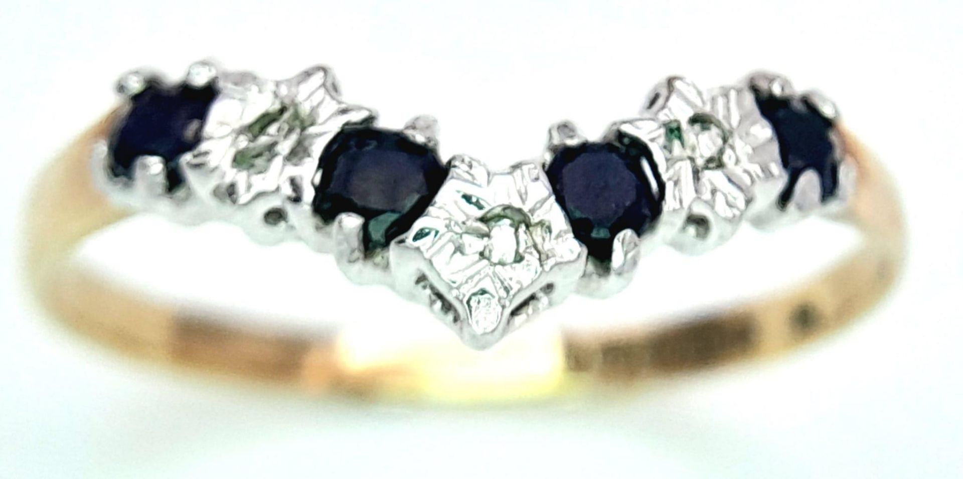 A Vintage 9K Yellow Gold Sapphire and Diamond Chevron Ring. Size N. 1g total weight. - Image 2 of 9