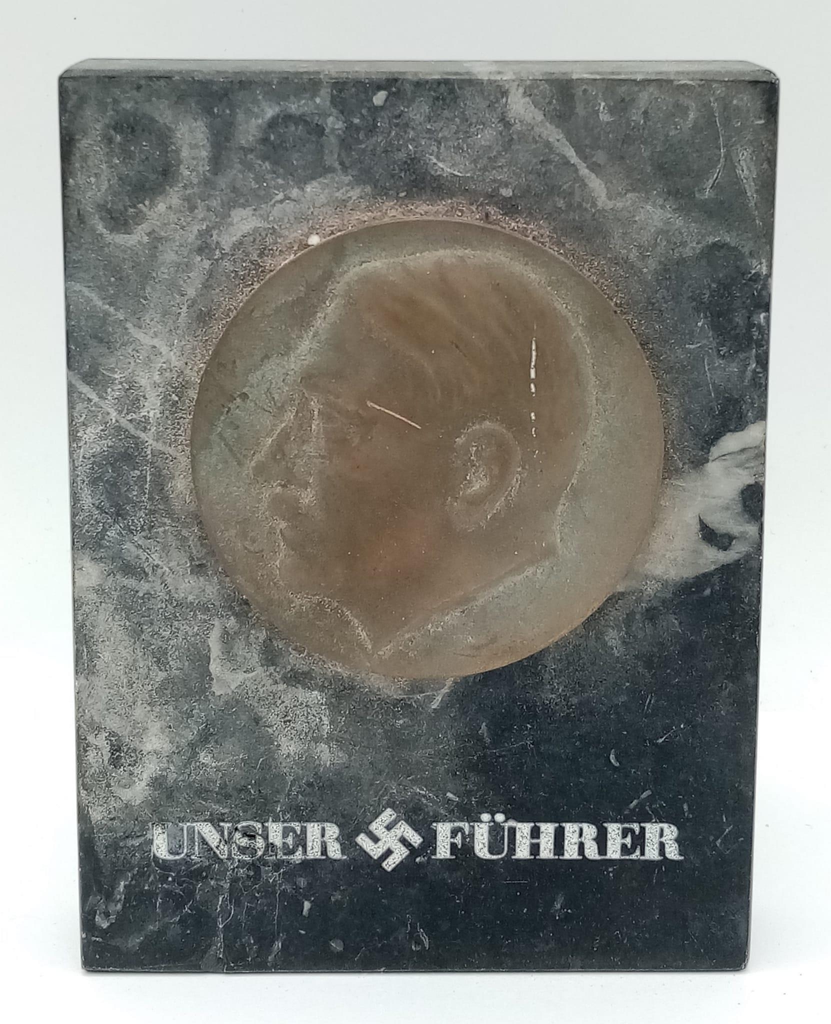 3rd Reich Marble Hitler Plaque “Our Leader” With Bronze head.