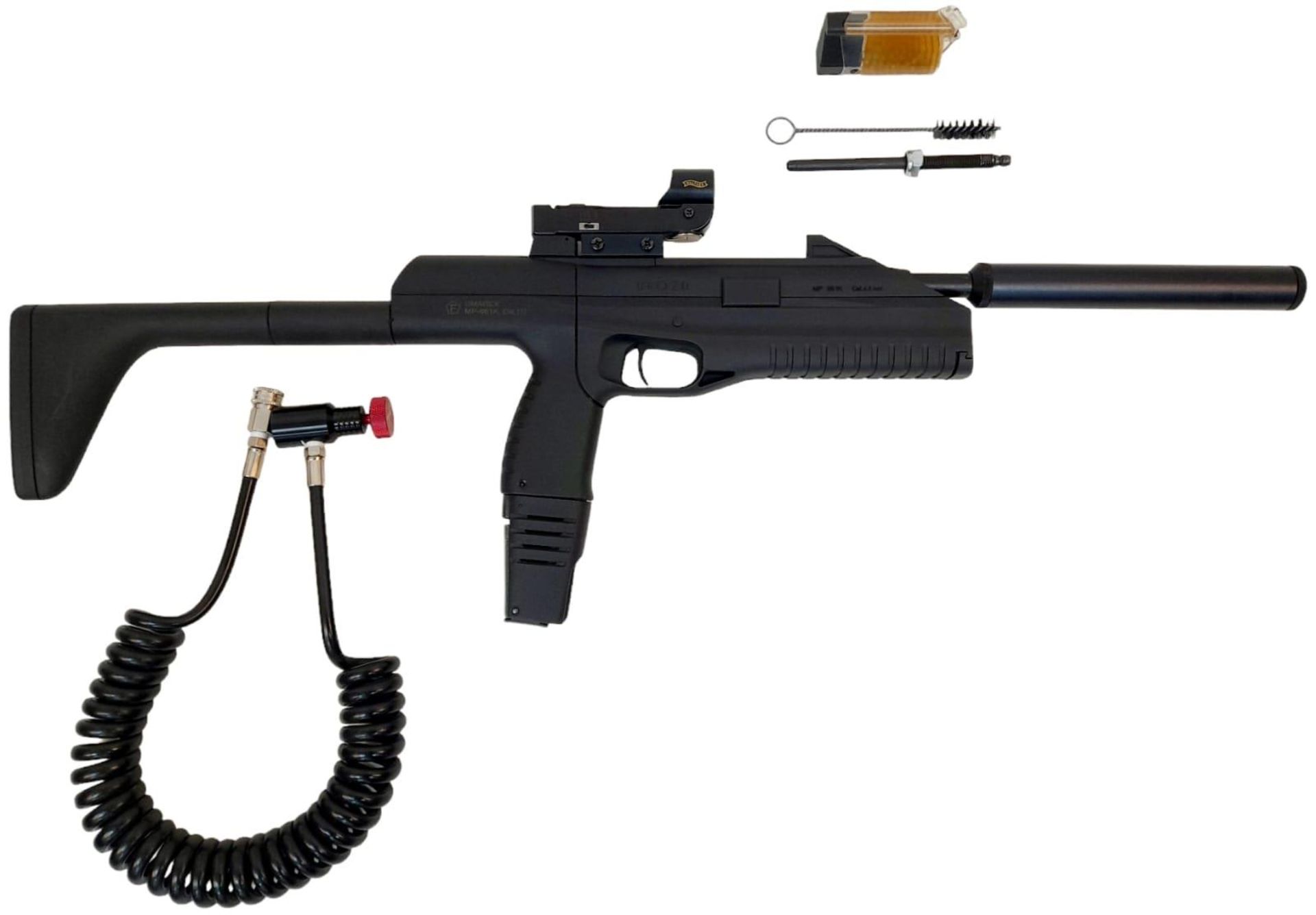 A Rare Co2 Umarex MP661K Air Rifle. .177calibre. Comes with detachable suppressor and stock.