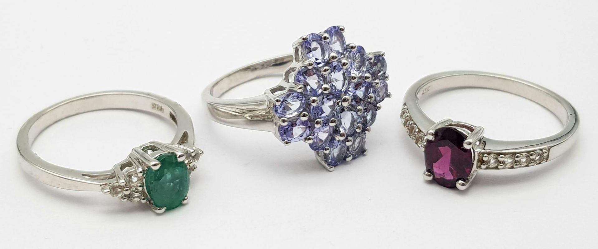 Three 925 Sterling Silver Gemstone Rings: Garnet - Size R, Amethyst - Size P and Emerald - Size P. - Image 3 of 13