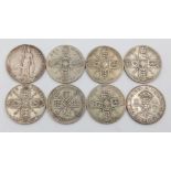Eight Pre 1947 British Silver Florin Coins.