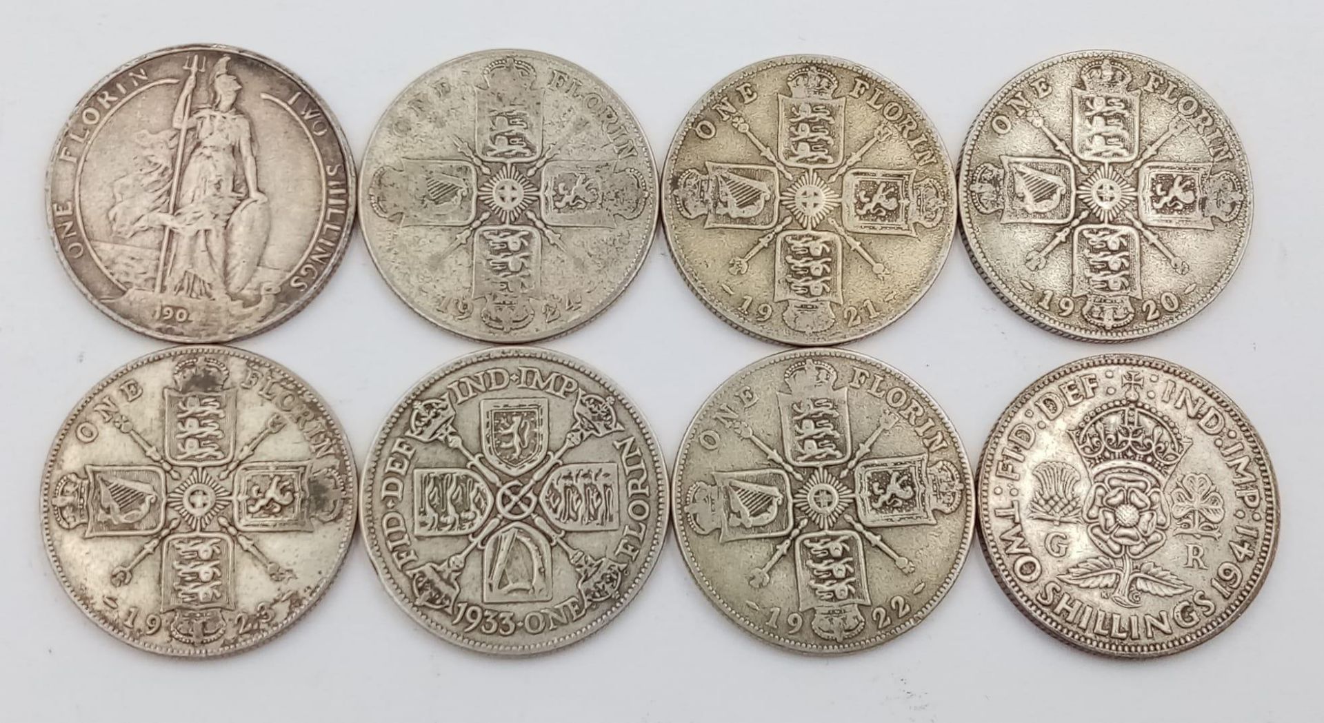 Eight Pre 1947 British Silver Florin Coins.