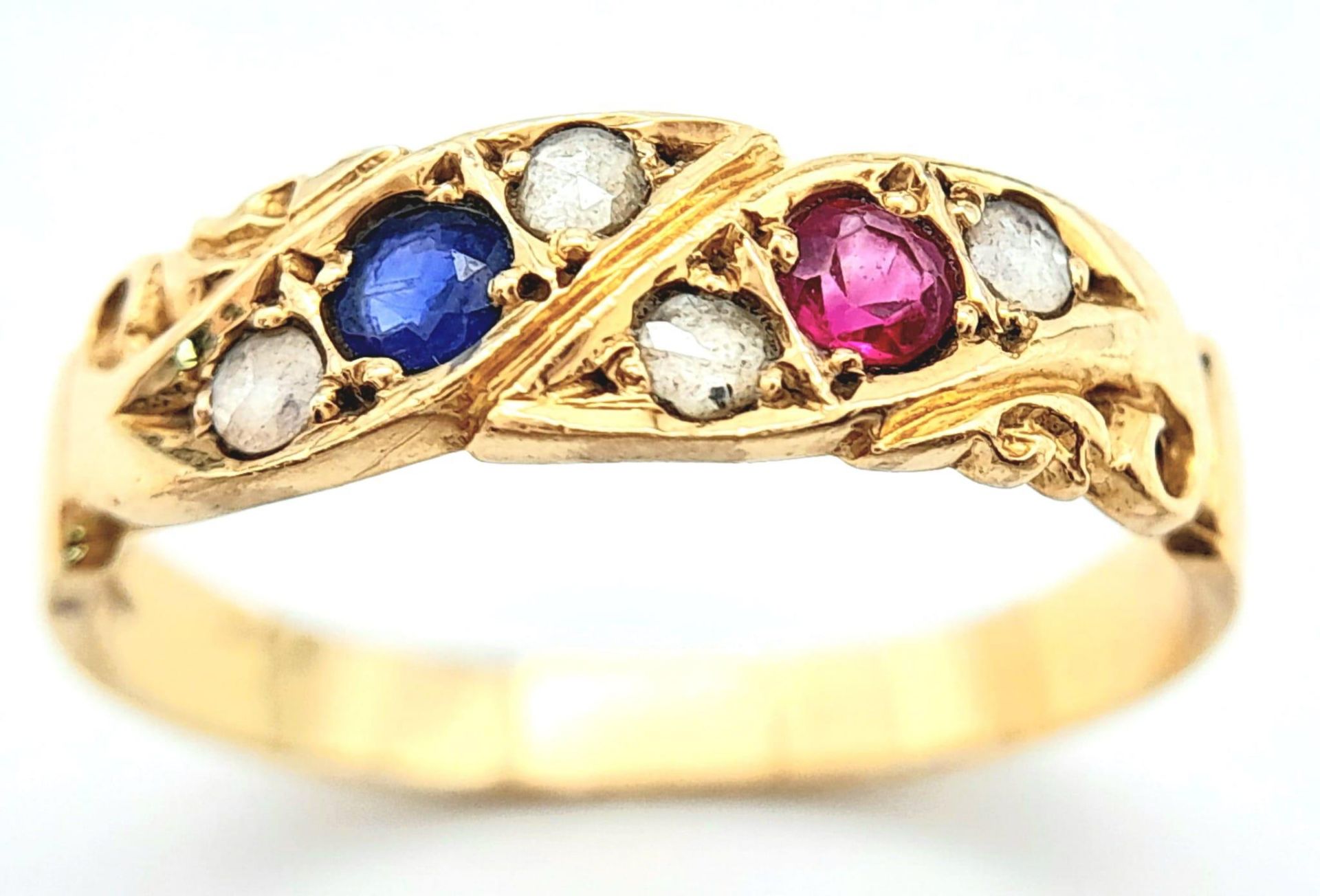 A VINTAGE 14K YELLOW GOLD DIAMOND, RUBY & SAPPHIRE SET RING. 2.1G. SIZE M 1/2.