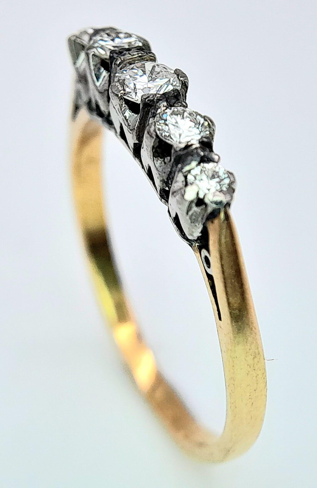 AN 18K YELLOW GOLD & PLATINUM VINTAGE OLD CUT DIAMOND 5 STONE RING. 0.20CTW. 1.5G. SIZE J - Image 3 of 4