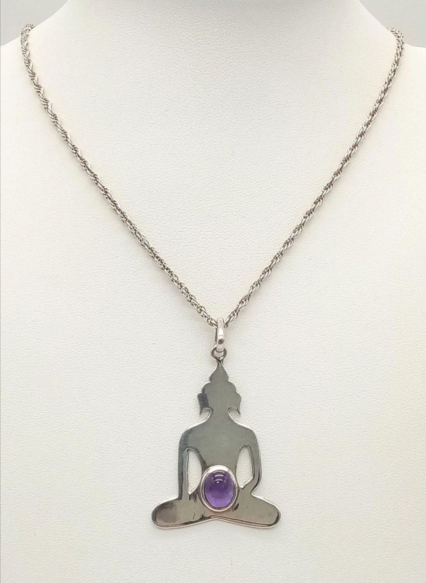 A Sterling Silver Amethyst Cabochon Set Deity Pendant Necklace. Pendant Measures 4.5cm Drop and is - Image 3 of 8