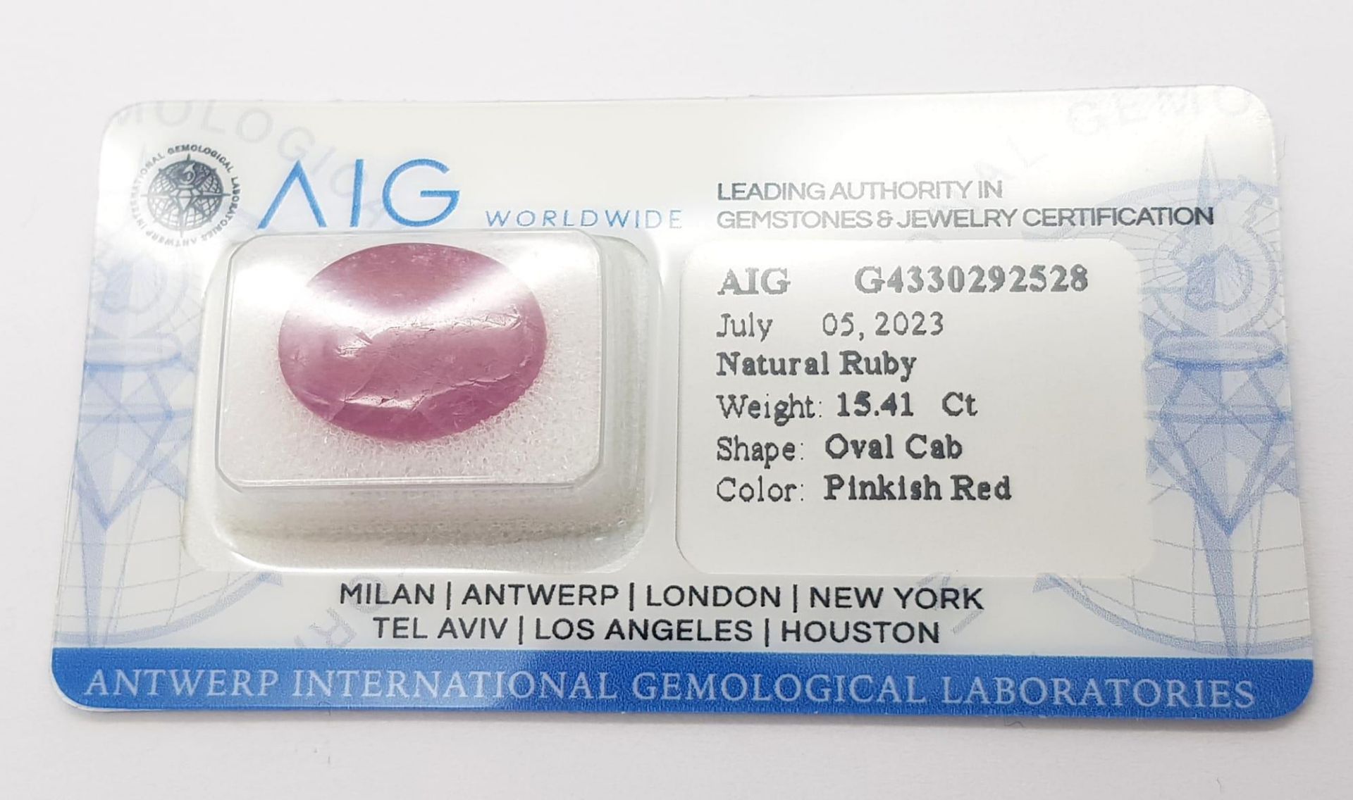 A Sealed 15.41ct Natural Ruby, in the Oval Cabochon shape. Comes with AIG Milan Certificate. ref: ZK - Bild 3 aus 9