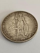 1902 SILVER BRITANNIA FLORIN. Fine/very fine condition having bold raised definition to both