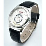 A Royal Air Force Quartz Gents Watch. Black leather strap. Stainless steel case - 38mm. White dial