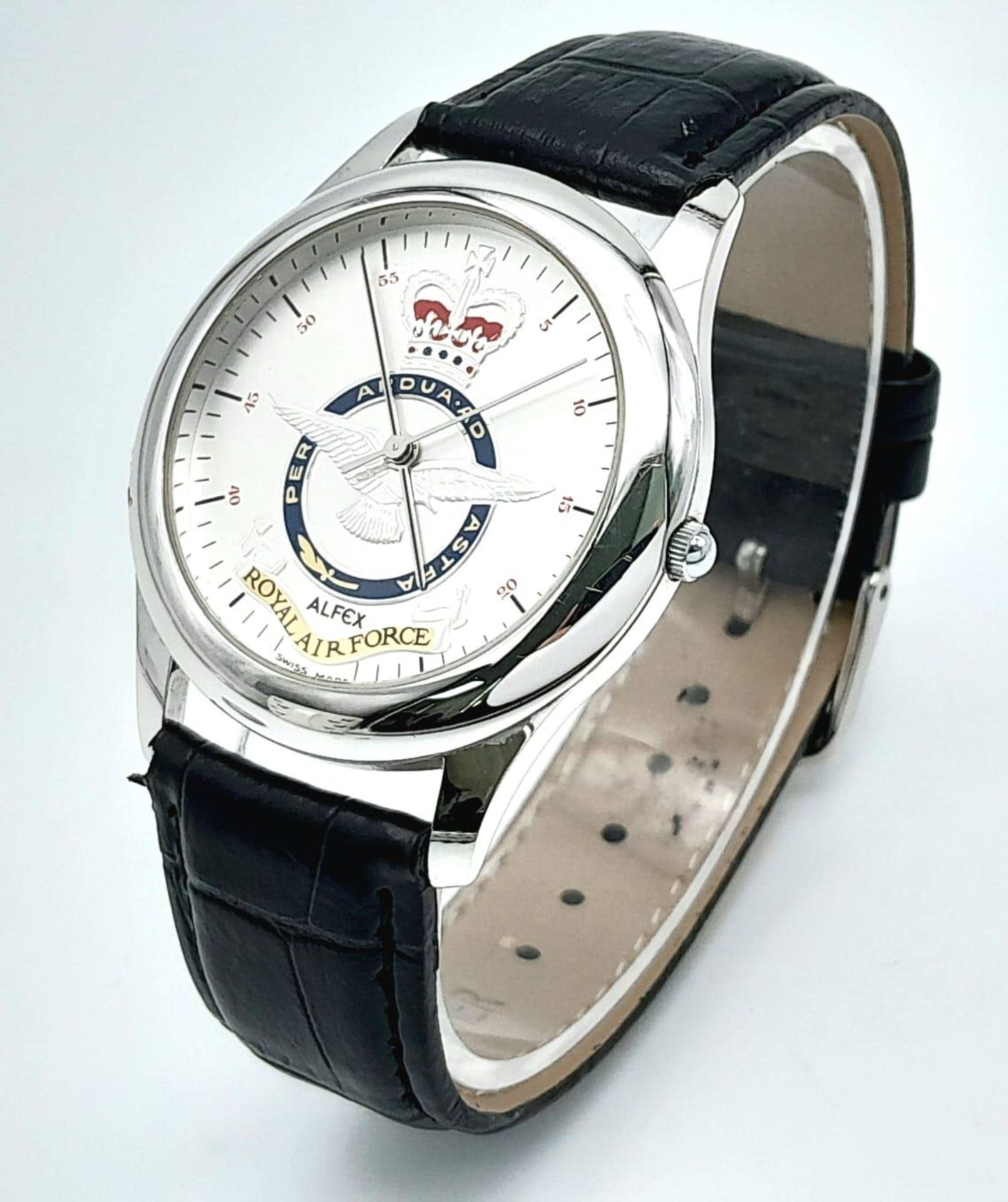 A Royal Air Force Quartz Gents Watch. Black leather strap. Stainless steel case - 38mm. White dial