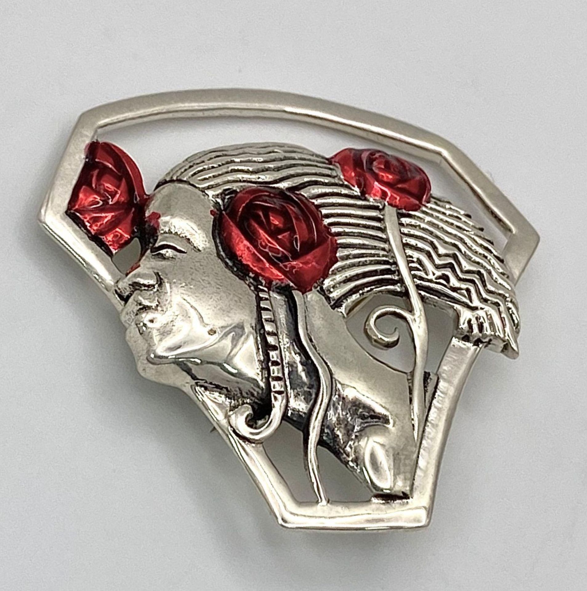 A Sterling Silver, Art Noveau Design, Enameled Red Roses on Figurine. 41mm Length. 10.96 Grams. - Image 3 of 8