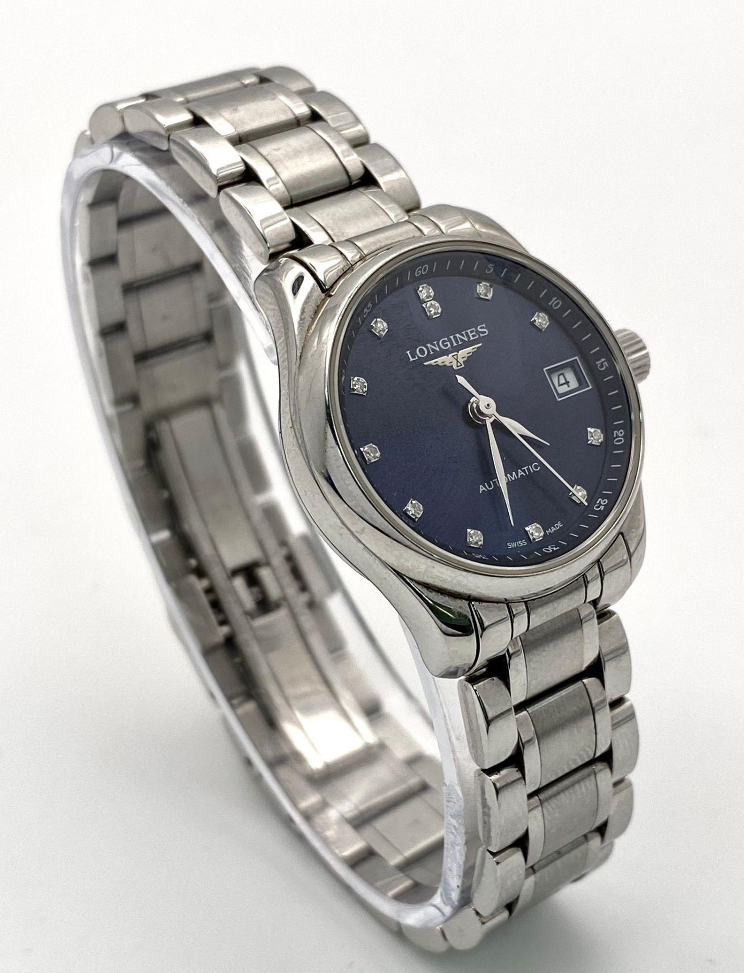 A Longines Automatic Diamond Ladies Watch. Stainless steel bracelet and case - 26mm. Electric blue - Image 3 of 12