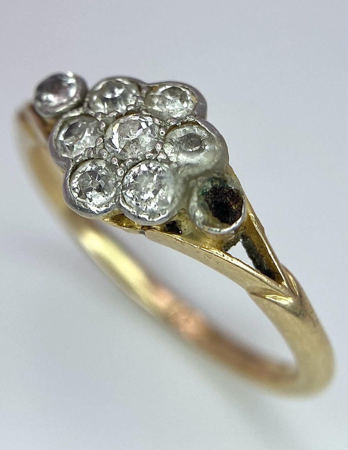 A VINTAGE 18K GOLD DIAMOND CLUSTER RING (ONE STONE MISSING REFLECTED IN PRICE) . 2.4gms size J - Image 6 of 11