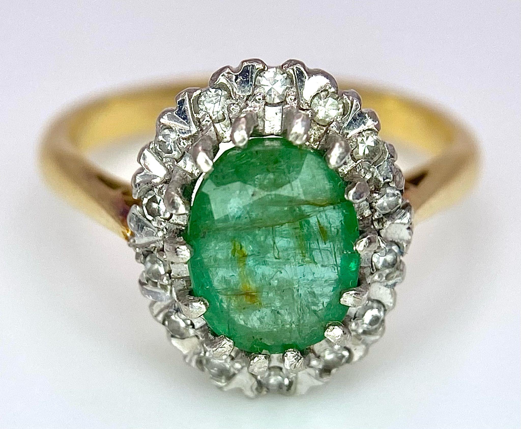 An 18K Yellow Gold, Emerald and Diamond Ring. Central 2ct emerald with a diamond surround. Size J. - Image 5 of 7