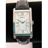 Genuine HUGO BOSS TANK WATCH. Model 73.3.14.2155. Mid size unisex wristwatch finished in stainless