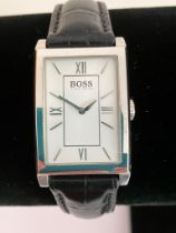 Genuine HUGO BOSS TANK WATCH. Model 73.3.14.2155. Mid size unisex wristwatch finished in stainless