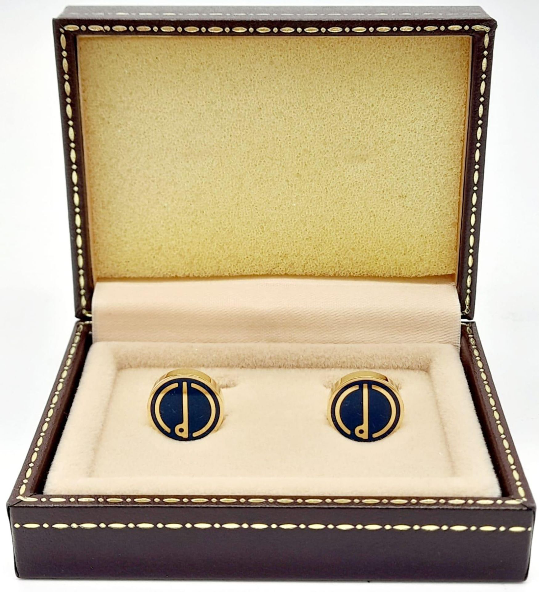 A Pair of Round Yellow Gold Gilt Blue Panel Inset Cufflinks by Dunhill in their original - Image 3 of 11