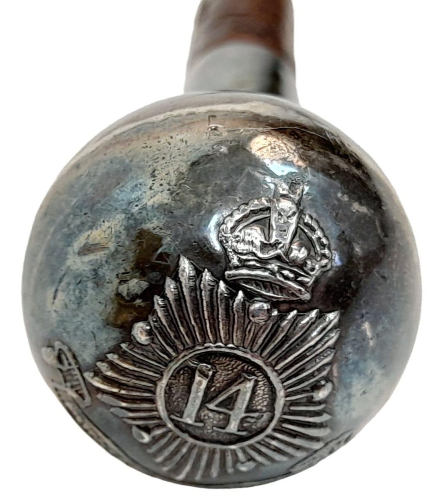 An Antique Late 19th/Early 20th Century 14th Punjab Regiment Silver Topped, Leather Covered, Swagger - Image 2 of 4