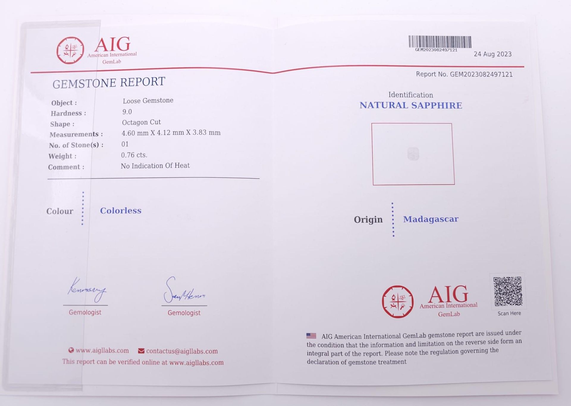 A 0.76ct Madagascar Colourless Natural Sapphire, in the Octagon Cut. Comes with the AIG Certificate. - Image 6 of 6