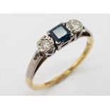 A Vintage 18K Yellow Gold Diamond and Sapphire Ring. Size J. 1.8g