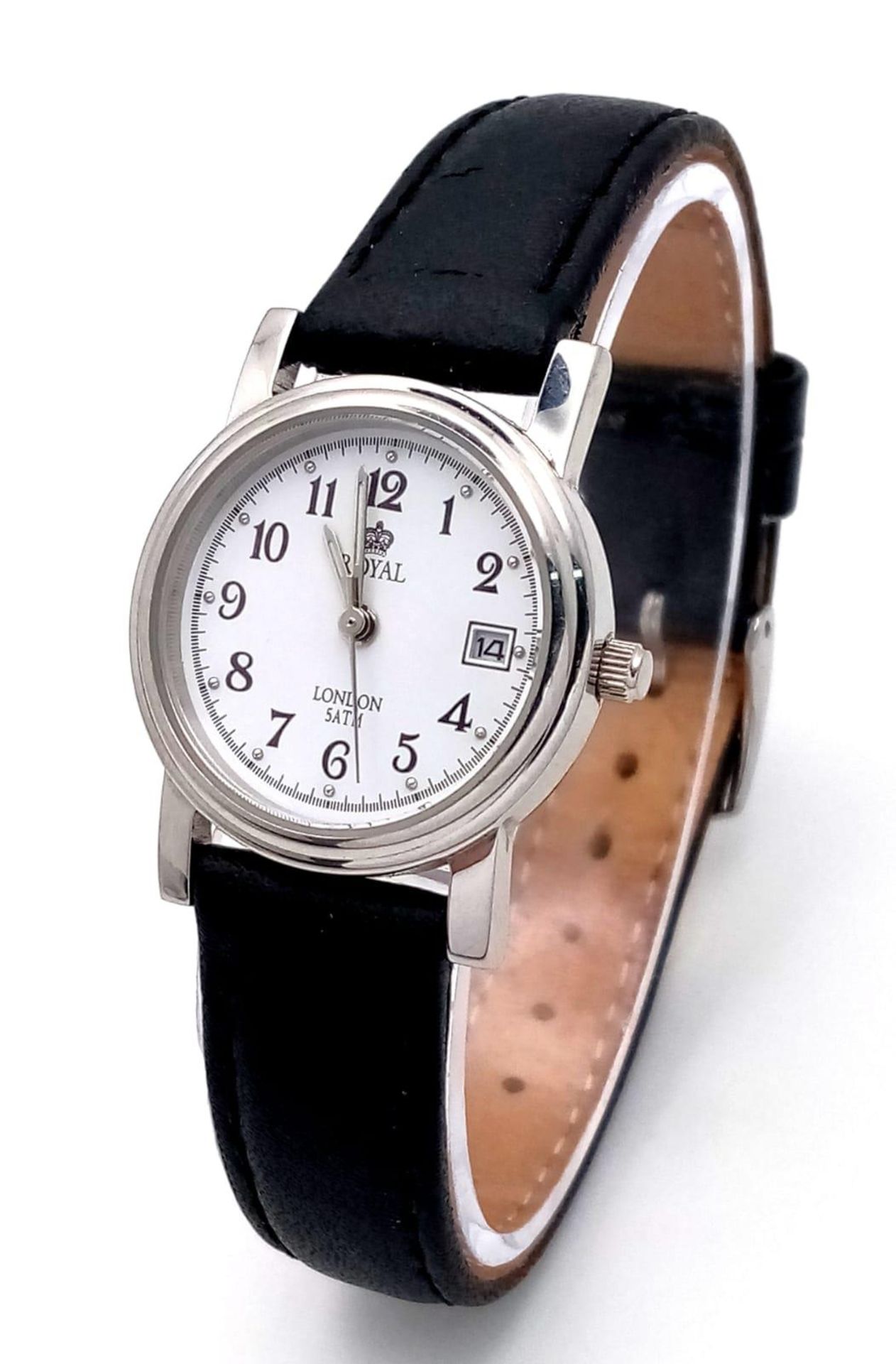 A Ladies Royal London Quartz Watch. Black leather strap. Stainless steel case - 25mm. White dial