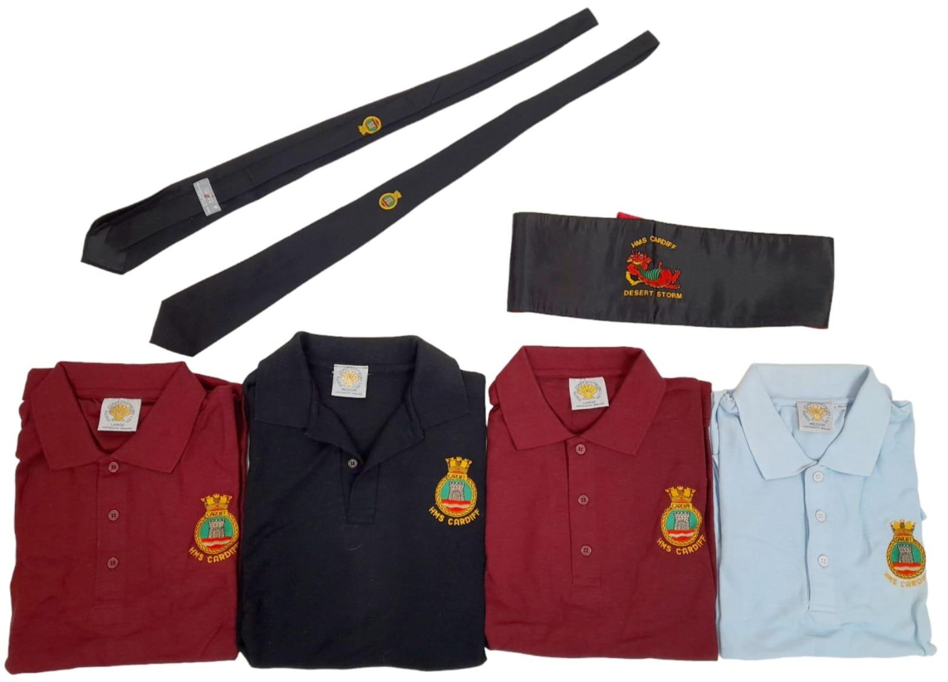 A Parcel of Royal Navy Unworn Clothing for HMS Cardiff Comprising 4 x Polo Shirts Sizes 2 x Medium