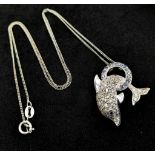 An Unworn Sterling Silver Stone Set Dolphin Pendant Necklace in Presentation Box. 46cm Length.