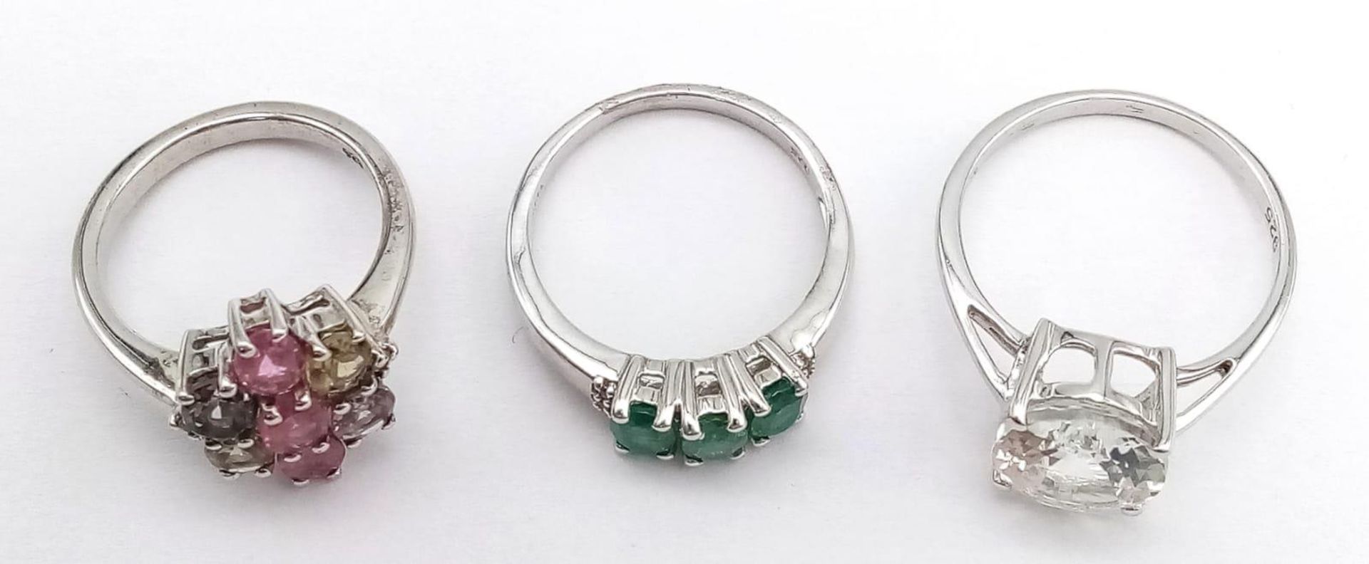 Three 925 Sterling Silver Gemstone Rings: Tourmaline - Size N, Topaz - Size S and Emerald - Size P. - Bild 4 aus 5