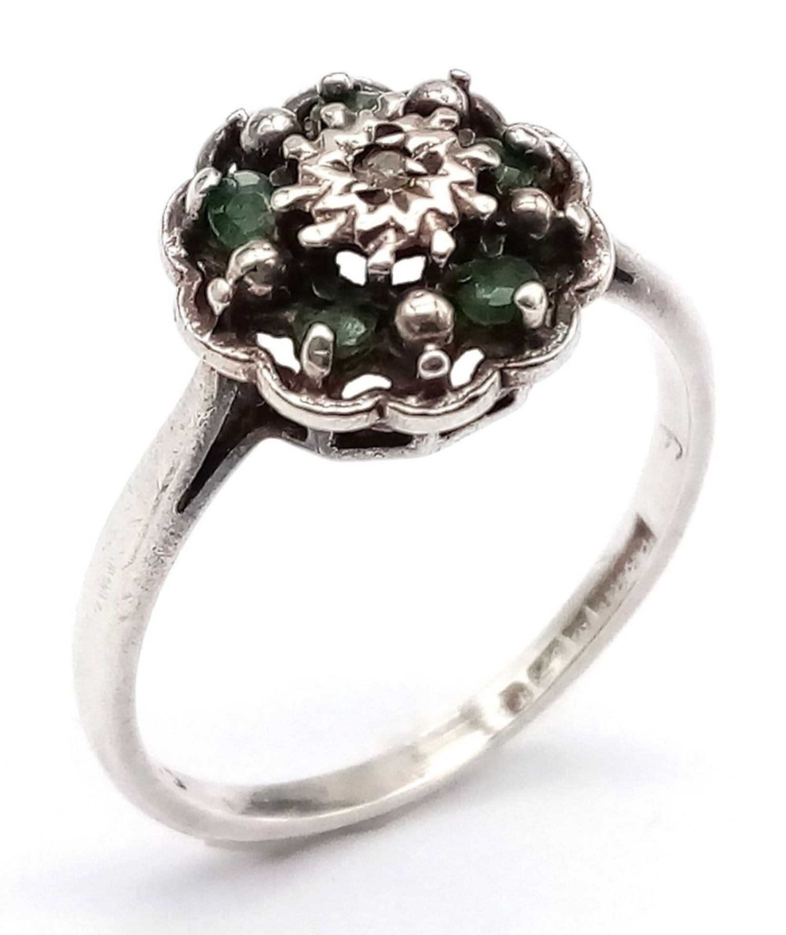 A vintage 14K white gold Emerald and Diamond floral cluster ring. Come with full Birmingham - Image 2 of 7